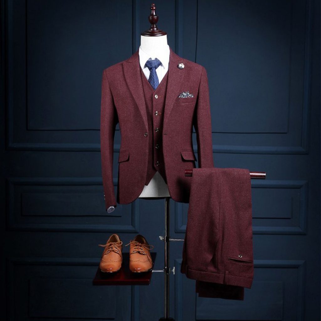 Red burgundy 3 pieces linen wedding suit - Tailored Suit Paris